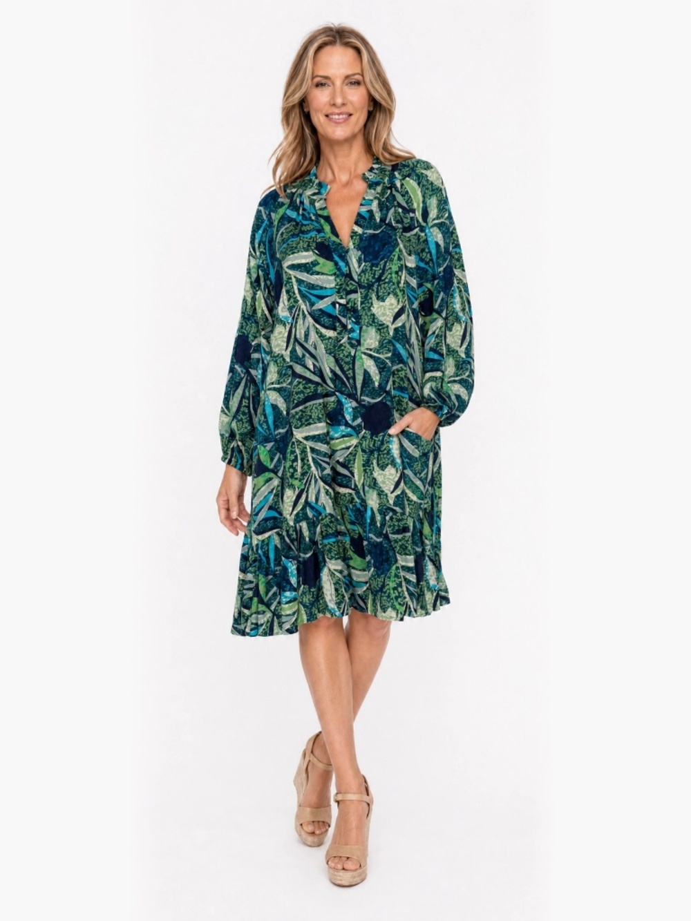 G by Giuliana Blue Green Botanical Print Tiered Dress Size M NWOT